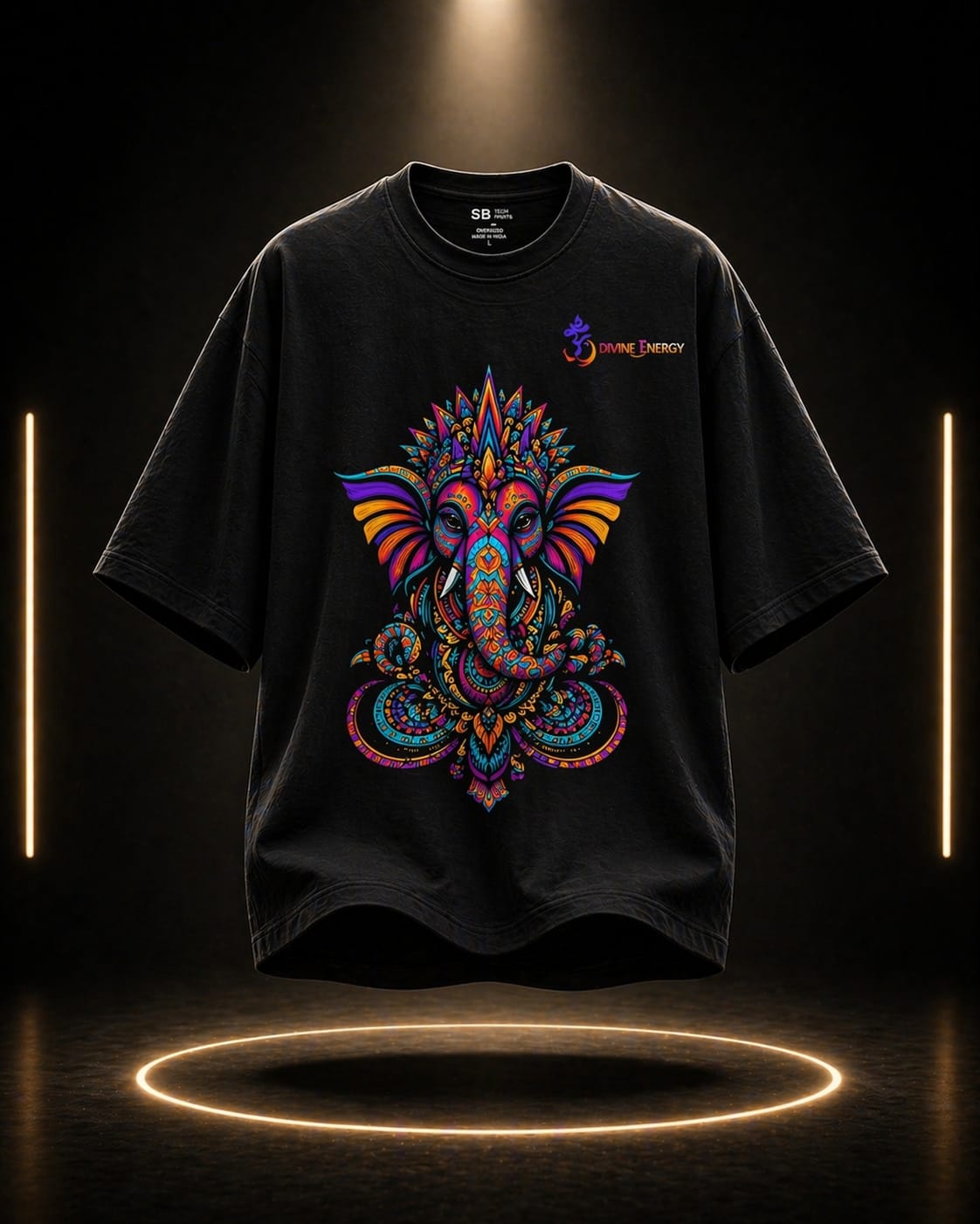Divine Energy Oversized Tee – Premium Ganpati Bappa Graphic T-Shirt, Unisex Oversized 260 GSM Terry-Knit