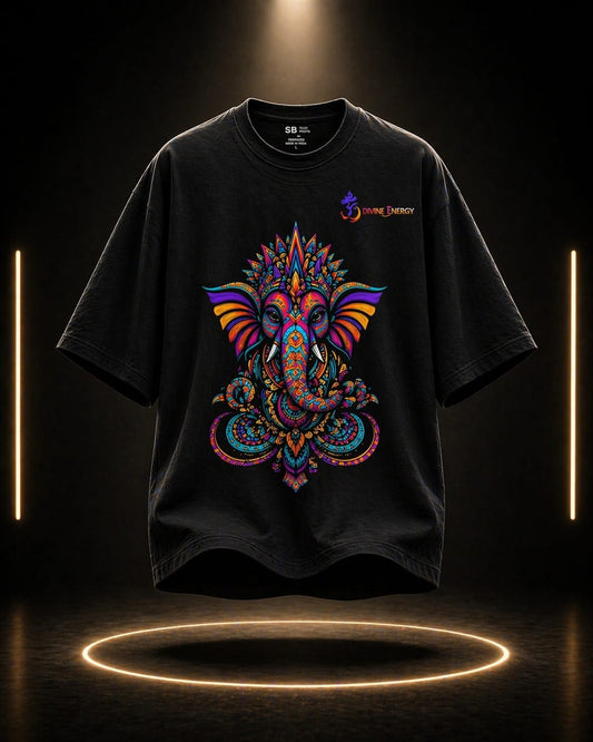 Divine Energy oversized tee with vibrant Ganpati Bappa graphic print, unisex terry-knit t-shirt in premium 260 GSM fabric