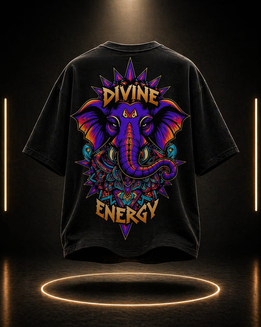 Divine Energy oversized tee with vibrant Ganpati Bappa graphic print, unisex terry-knit t-shirt in premium 260 GSM fabric