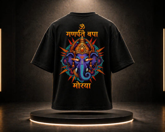 Ganpati Bappa oversized graphic t-shirt in terry-knit fabric with Fear Nothing design, unisex drop-shoulder style