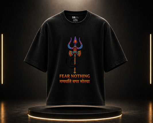 Ganpati Bappa oversized graphic t-shirt in terry-knit fabric with Fear Nothing design, unisex drop-shoulder style